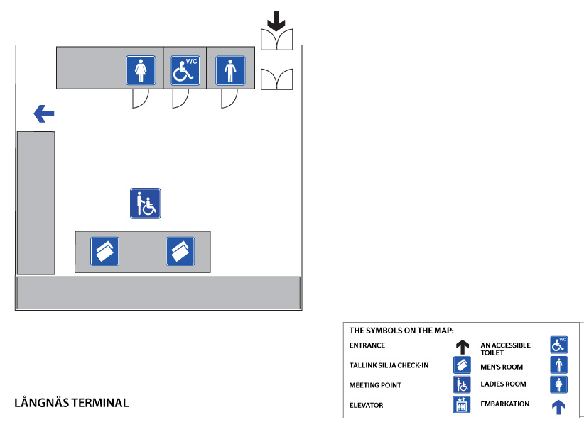 Långnäsin terminaalin kutsupisteen löydät sisäänkäynnin (automaattiovet) jälkeen Tallink Siljan lähtöselvityksestä. Inva-WC sijaitsee ensimmäisessä kerroksessa. Invapysäköintiä varten terminaalin ulkopuolella on kaksi paikkaa.